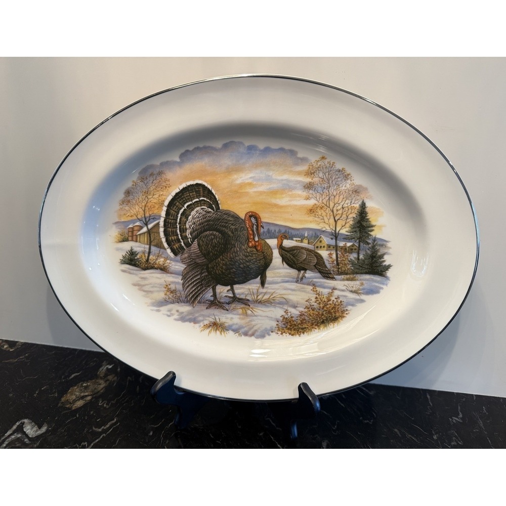 Vtg Pickard USA Thankgiving Turkey Serving Platter Oval 24K Gold Trim 14 5/8"
